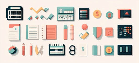 Fototapeta premium A simple, illustrated balance sheet showing income and expenses in a ledger format, with minimalist icons representing key financial concepts such as revenue and profit