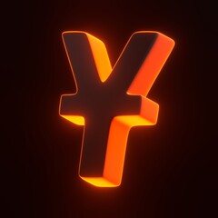Obraz premium A glowing neon yen currency symbol on a dark background, representing Japan's currency, finance, and digital economy. 3D icon, sign and symbol. 3D render illustration