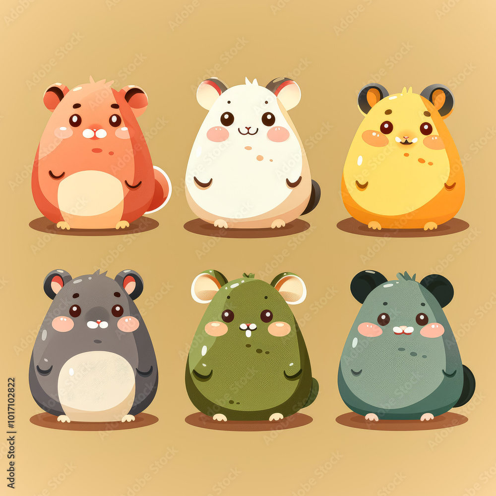 Poster group of cartoon mice are standing in a row, with each mouse having a different color.