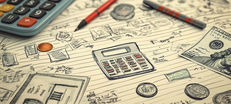 A stylized, hand-drawn income and expense report illustration, featuring small doodles of coins, dollar bills, and calculators, giving the statement a creative and fun vibe