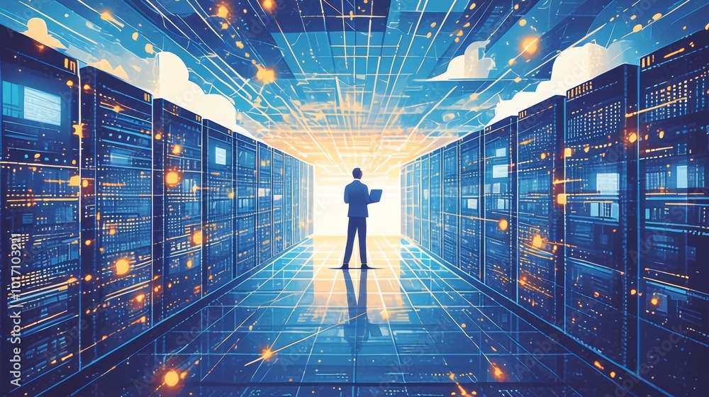 Poster silhouette of engineer working in futuristic server room with glowing data streams