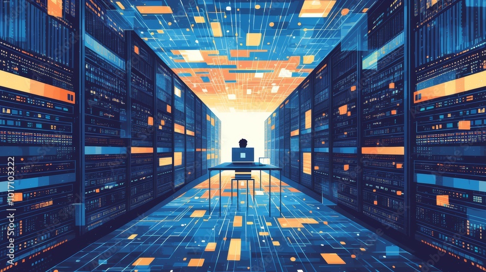 Poster futuristic data center with engineer working on laptop computer