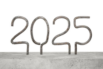 New Year 2025. Numbers are bent from rusty steel rebar sticking out of concrete. Construction concept. Transparent background. 3D rendering