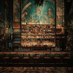 Naklejka premium Tropical Cocktail Bar Interior Design with Lush Greenery and Vintage Lighting