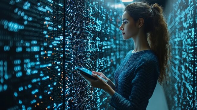 Woman analyzing data in a futuristic server room setting - Powered by Adobe