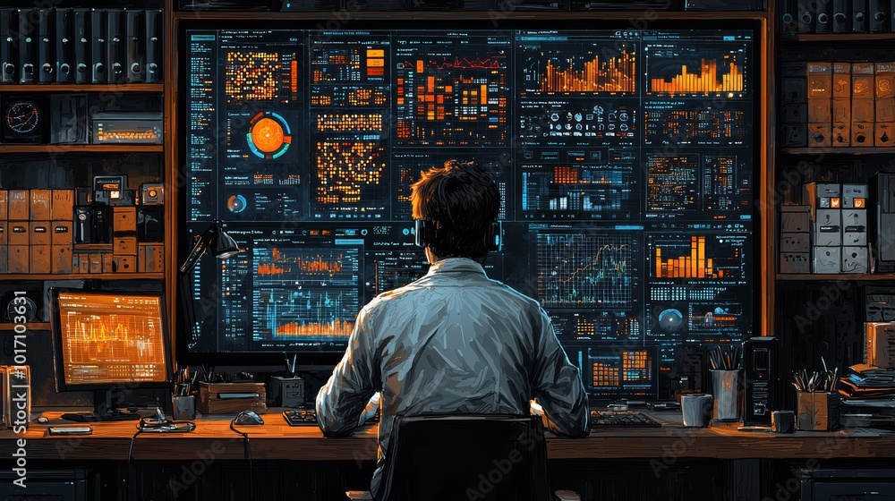 Poster data scientist working with analytics dashboards in modern technology office