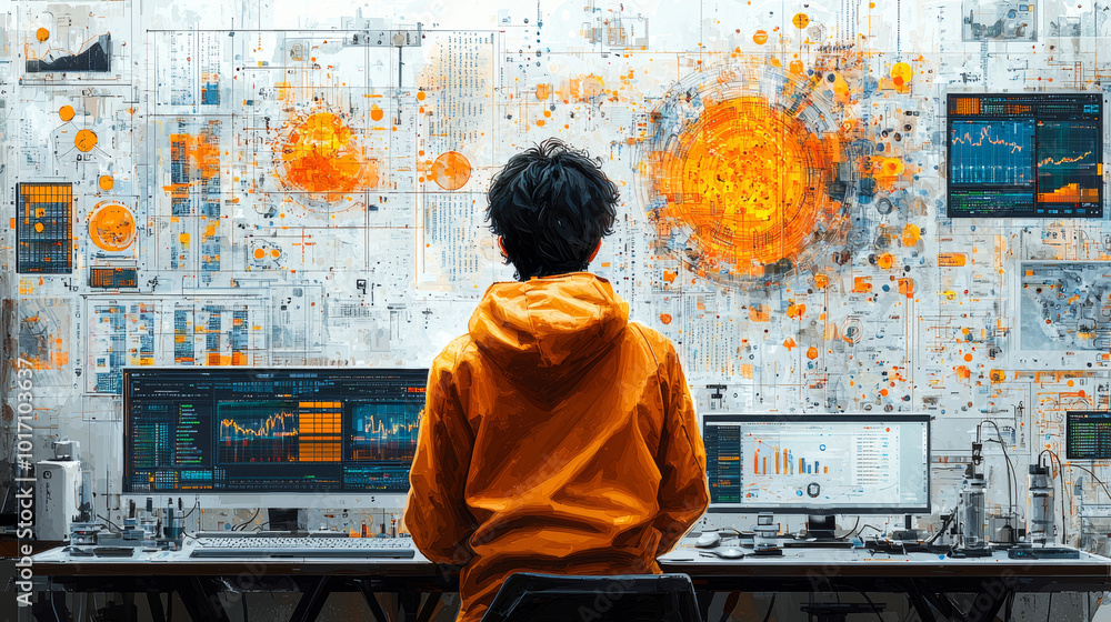 Poster scientist analyzing big data in a high-tech laboratory environment