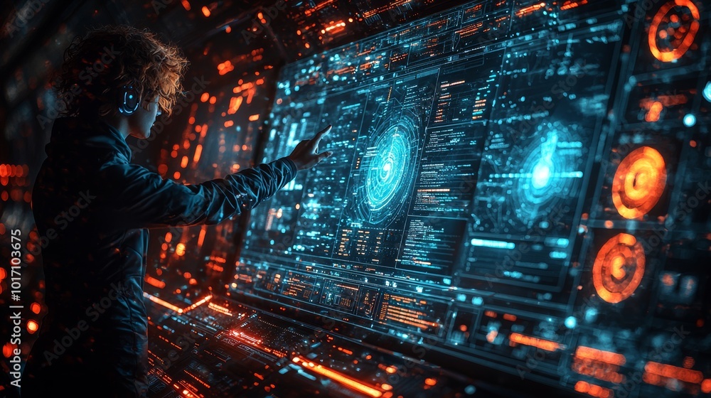 Poster futuristic digital interface with data analysis and strategy