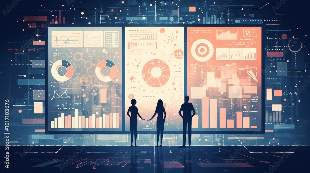Poster team analyzing data visualizations for business strategy and insights