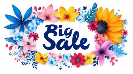 A colorful floral border surrounds the words "Big Sale" in a bold, blue font.