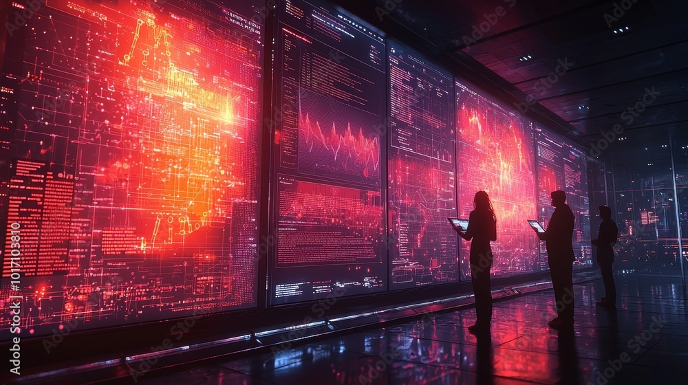 Poster futuristic data science team analyzing digital information on large screens