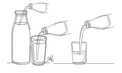 Pour milk from bottle to glass one line continuous. Line art bottle and glass milk. Hand drawn vector art..eps