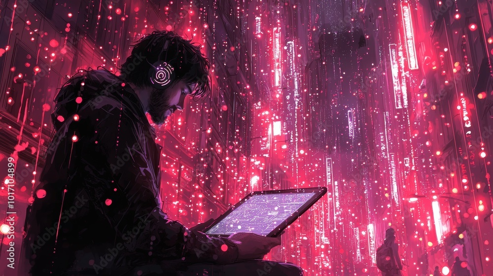 Poster digital programmer working in cyber cityscape at night
