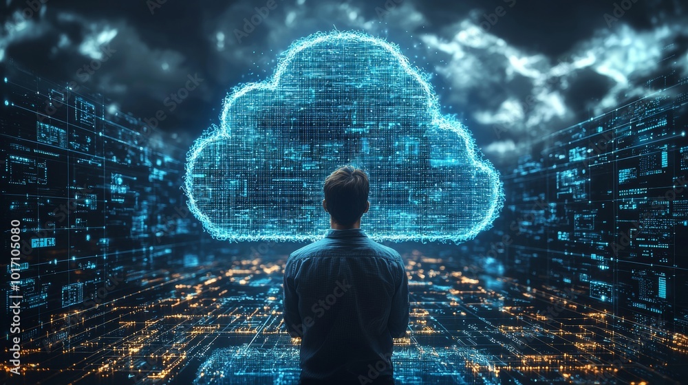 Poster man interacting with digital cloud in futuristic data environment