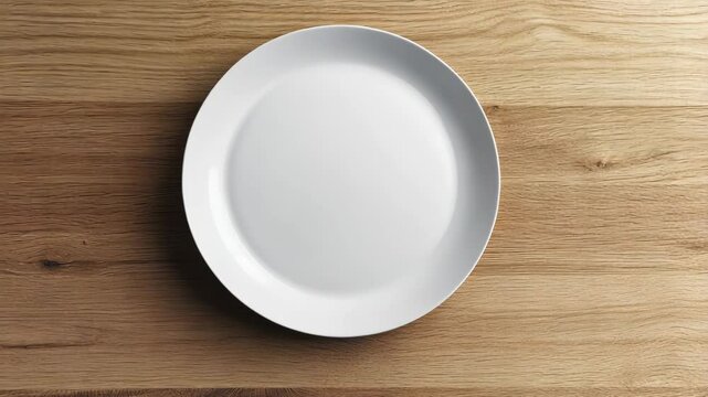 A white plate sits on a wooden table, ready for a meal