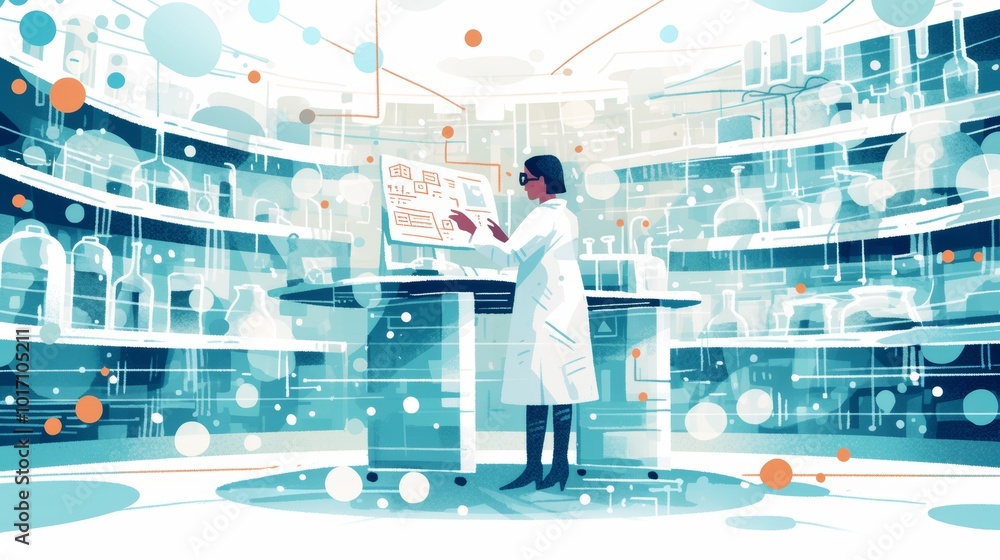 Poster innovative scientist using digital interface in futuristic laboratory