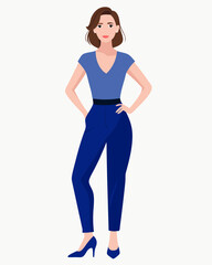 A young woman standing with her back facing the viewer, dressed in a blue top and navy pants, casual and composed posture with hands behind her back, in a minimalist studio setting with a clean white 