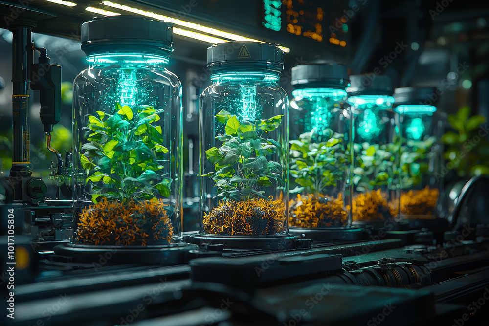 Poster an alien laboratory experimenting with new forms of life, representing advanced biological sciences.