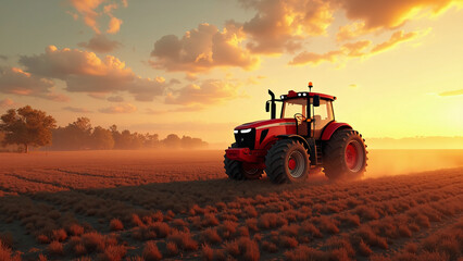 Fototapeta premium Red Tractor in Agricultural Field at Sunrise