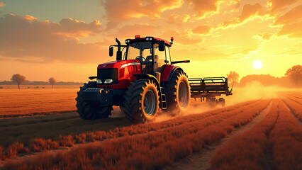 Fototapeta premium Red Tractor in Agricultural Field at Sunrise