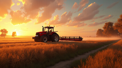 Fototapeta premium Red Tractor in Agricultural Field at Sunrise