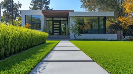 Fototapeta premium Vibrant saffron artificial grass in front of a modern home with minimalist design and a straight concrete path