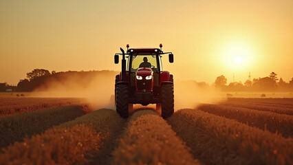 Fototapeta premium Red Tractor in Agricultural Field at Sunrise