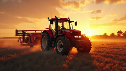 Fototapeta premium Red Tractor in Agricultural Field at Sunrise