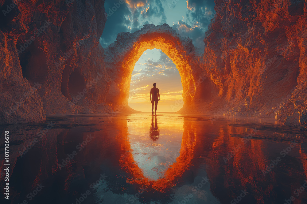 Poster a traveler stepping through a portal and arriving in a world where everything is the opposite, repre