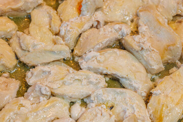 closeup full-frame background of roasting chicken breast white meat
