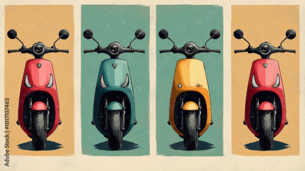 Poster retro illustrated electric scooters poster in minimalistic design with playful colors and simple com