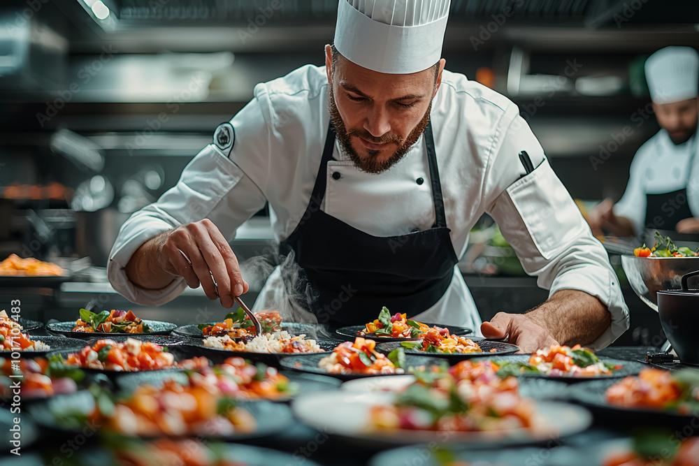 Wall mural A stock photo of a chef preparing food in a professional kitchen, illustrating culinary skills and creativity. Concept of lifestyle.