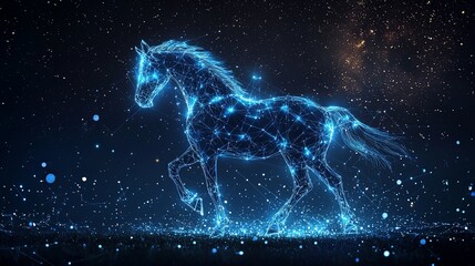 A brilliant horse of constructed blue constellations, delicately galloping in starry expanse, capturing the essence of celestial wonder and grace.