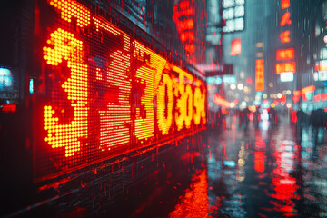 A stock market ticker showing red numbers, representing market losses and financial panic. Concept of business.