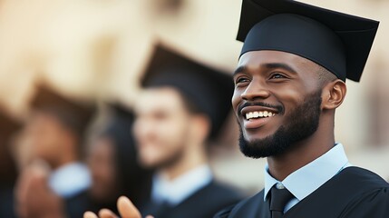Fototapeta premium Smiling young Black man in graduation cap applauding during ceremony, celebrating academic success. Graduation day, pride, and achievement for student