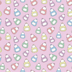 Seamless pattern with colorful backpacks isolated on pink background. Concept of school accessories, student gear, travel, and tourism. Modern design element for textiles, wrapping paper, stationery