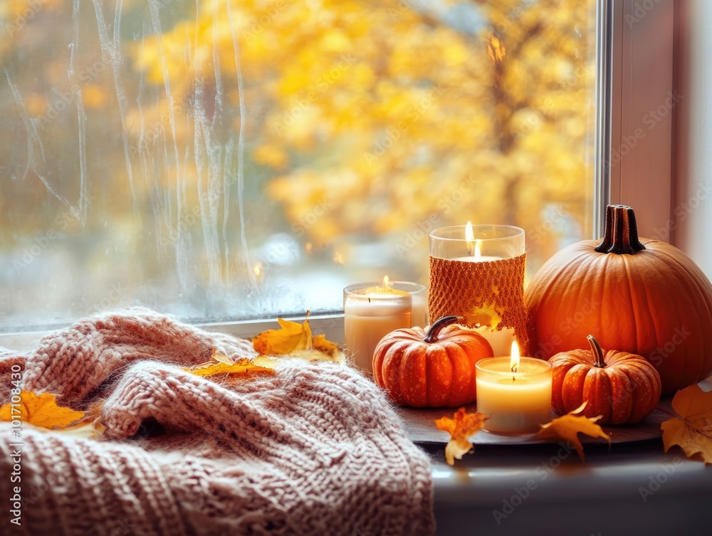 Wall mural Cozy autumn composition with candles pumpkins and knitted sweater on windowsill