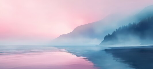 Naklejka premium A watercolor-inspired illustration of a tranquil seaside landscape, with soft hues of blue, pink, and purple blending together to create a serene and soothing scene