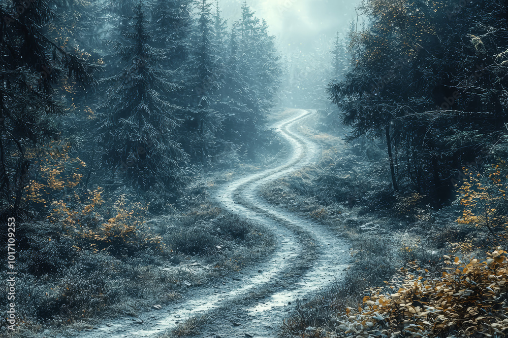 Poster a single path winding through an empty forest, representing life's journey and choices. concept of m