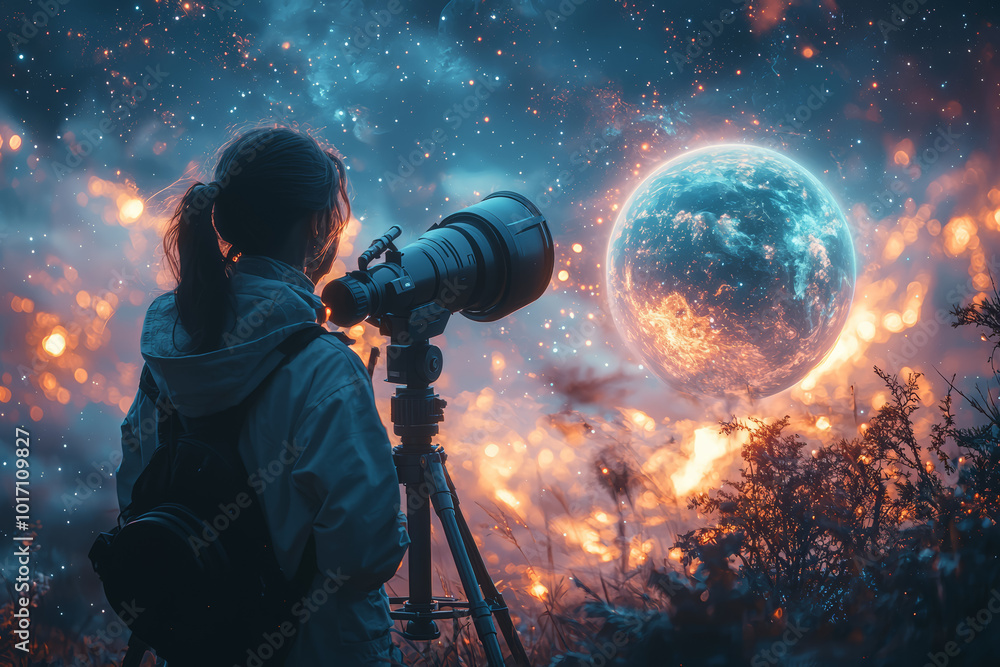 Poster a scientist looking through a telescope and seeing multiple versions of the same planet, symbolizing