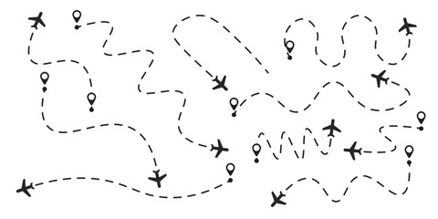 Aeroplane tourism routes illustrations isolated black set for Your journey. Vector icons in flat style.