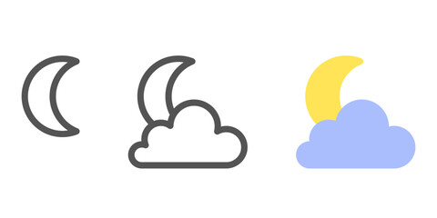 Crescent shape colored and outlined with cloud illustration set as sleep sign. Vector icons in flat style