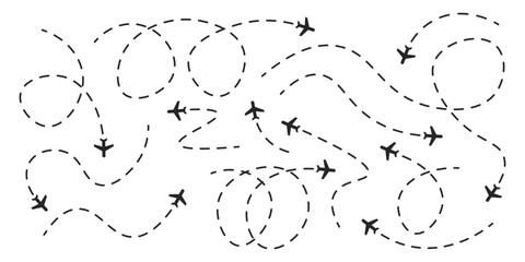 Aeroplane dashed path illustration isolated black set with dotted routes. Vector icons in flat style