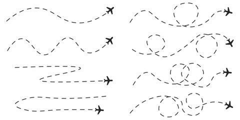 Aeroplane tourism path illustration isolated black set with dotted routes. Vector icons in flat style