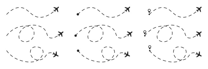 Aeroplane tourism path illustration isolated black different dashed variations. Vector icons in flat style.
