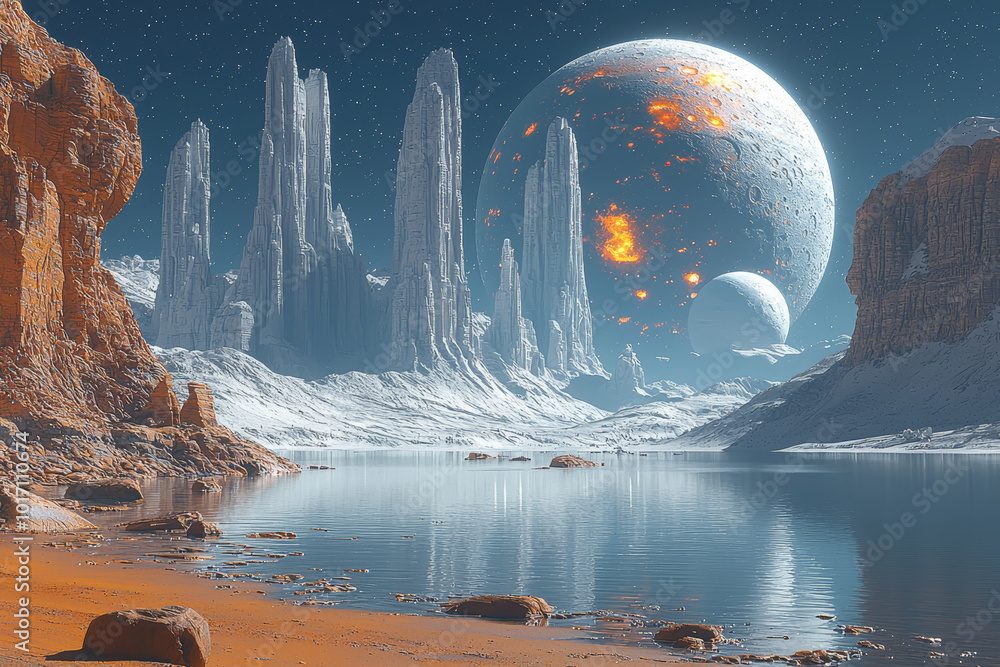 Poster a planet with multiple moons and alien civilizations living on each, representing interplanetary int