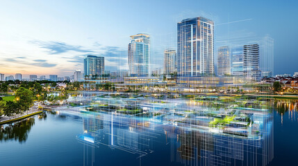 Naklejka premium Modern city skyline with futuristic digital overlay reflected in water.