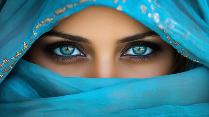 Fototapeta premium Woman with bright blue eyes partly covered by a turquoise veil.