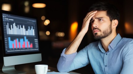 Stressed businessman analyzing financial charts on computer screen, hand on forehead in dark office. Late night work, market data and pressure for finance professional or stock trader