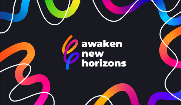 Bright Gradient Lines on a Dark Background. Colorful Vivid Curve Frame. Celebration Background with Swirl Spiral Pattern in Graffiti Style.